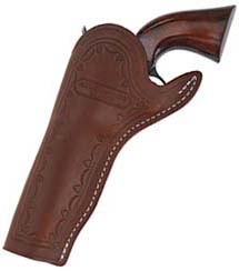 Slim Jim Holster, left hand cross draw,
5-1/2" barrel, brown leather,
fits Colt Single Action Army revolvers and others